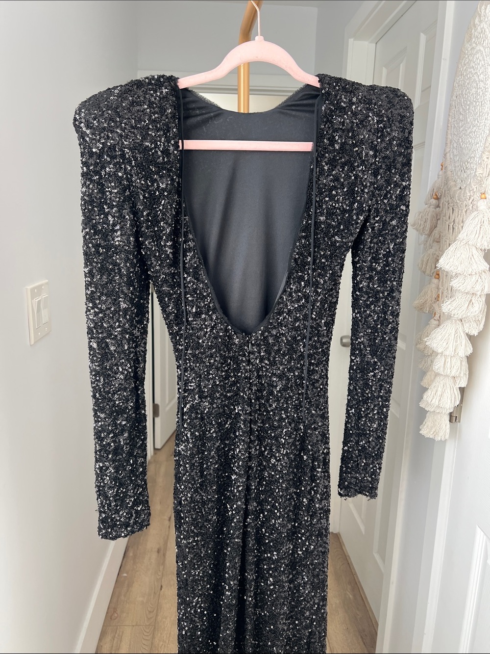 Zara Sequin Long Sleeve Elegant Shoulder Pad Black Long Dress Gown XS - Picture 9 of 11